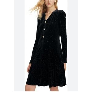 Black Velvet Mini Dress Button Front Long Sleeve Sparkle Holiday Party Cocktail
